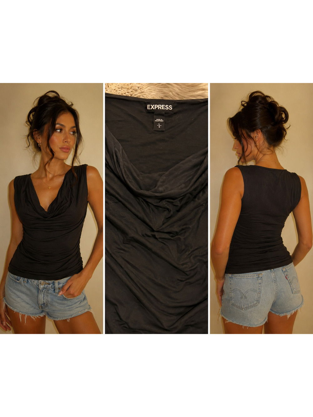 Express Black Sleeveless Draped Neck Top Size Large